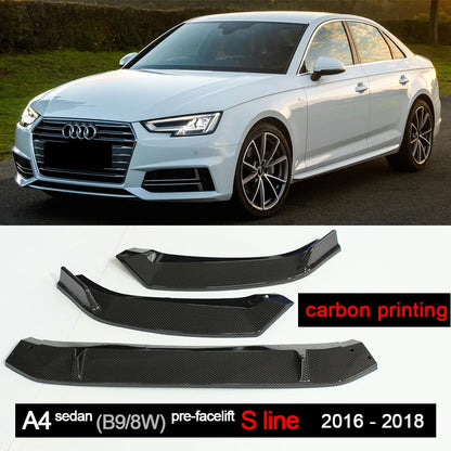 Carbon Fiber Printing Black Front Bumper Lip Spoiler 3PC for Audi A4 B9 8W2 Pre-facelifted S Line & Base Models 2016 - 2018