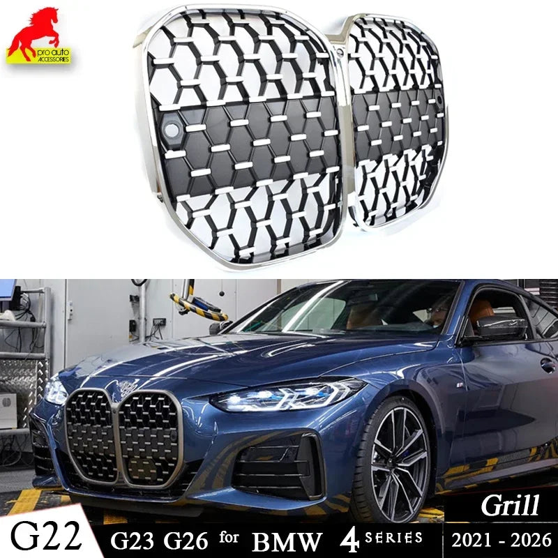 G22 Front Kidney Grill Silver Grille Replacement for 2021 -2026 BMW 4 Series G23 Convertible G26 I4 Gran Coupe 420i 440i Grrills