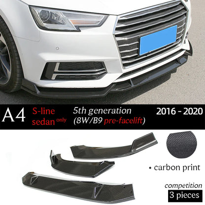 Carbon Fiber Print Gloss Black Front Bumper Lip Spoiler for Audi A4 B9 B9.5 8W 2016 - 2020 S-line Sedan (Not for 5-door/S4/RS4)