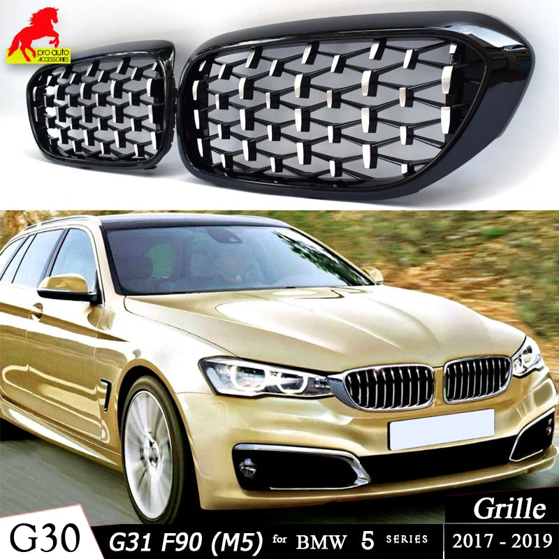 Front Kidney Grille Diamond for BMW 5 Series 2017-2019 Pre-LCI G30 Sedan G31 Wagon F90 M5 528i 530i 535i 540i Car Racing Grills