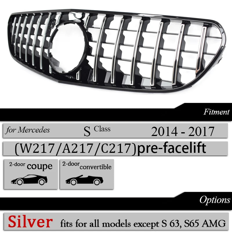 W217 Front Bumper Racing Grille Silver Grill for Mercedes S Class C217 Coupe A217 Cabriolet 2014-2020, Not for S65 AMG S63 AMG