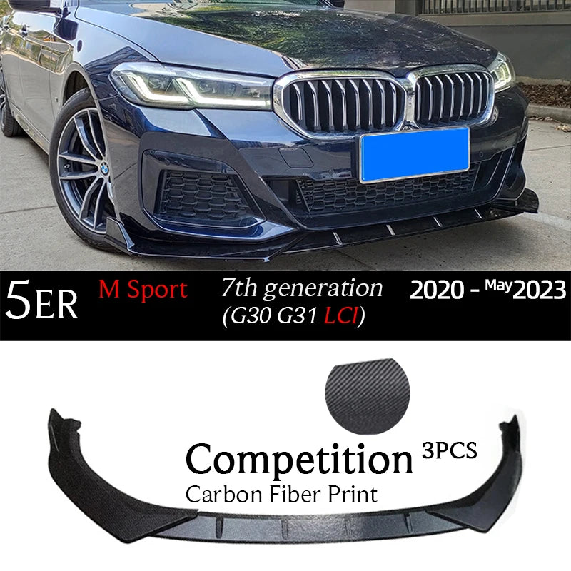 G30 Carbon Fiber Print Front Bumper Lip Gloss Black Chin Spoiler for BMW 5 Series G30 M Sport 2017 - May 2023 G31 520i 530i 530e