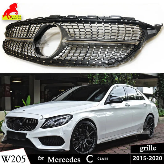 Front Bumper Grill Diamond for Mercedes C Class W205 S205 A205 C205 2015-2020 C200 C250 C300 C350 C400 C450 C43 AMG Black Silver