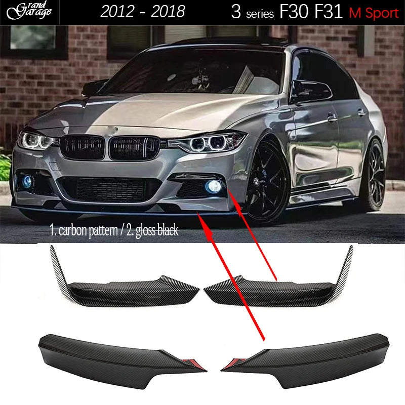 F30 M Sport Carbon Fiber & Gloss Black Front Bumper Lip Splitter Canards for 2012 - 2018 3 Series F30 Sedan F31 Wagon 325i 330i