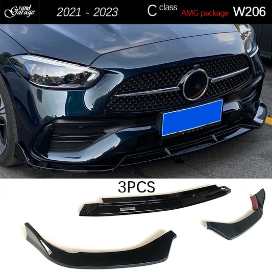 Carbon Fiber Print & Gloss Black Front Bumper Spoiler Splitter Lips 3PCS for Mercedes C Class W206 S206 AMG Package 2021 - 2023