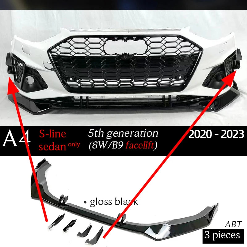 Carbon Fiber Print Gloss Black Front Bumper Lip Spoiler for Audi A4 B9 B9.5 8W 2016 - 2020 S-line Sedan (Not for 5-door/S4/RS4)