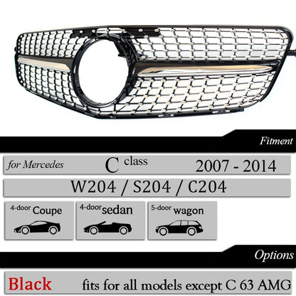 High Quality W204 GT Grille Front Bumper Grill Black Silver Panamericana for Mercedes Benz C-Class 2007-2014 Diamond with Star