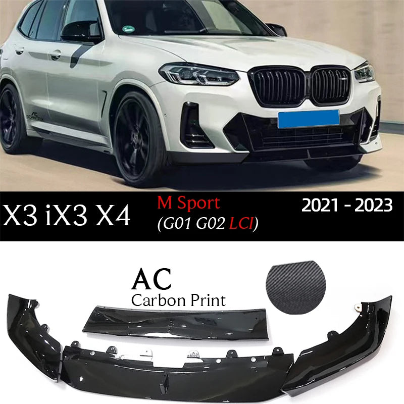 G08 LCI Gloss Black Carbon Printing Front Bumper Lip Spoiler for 2021 - 2023 BMW Facelifted X3 G01 iX3 X4 G02 sDrive 20i 20d 30e