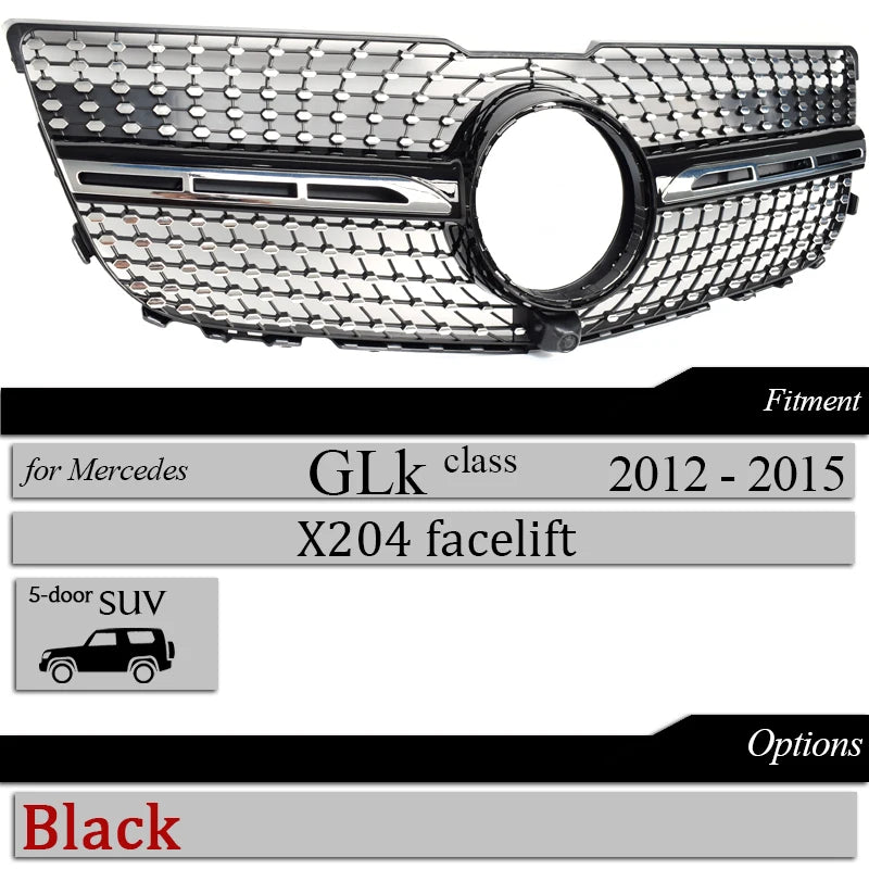 X204 GT Grilles Front Bumper Grill Mesh for Mercedes GLK Class 2012 - 2015 Diamond Black Silver Car Replacement Hood Mesh Grid