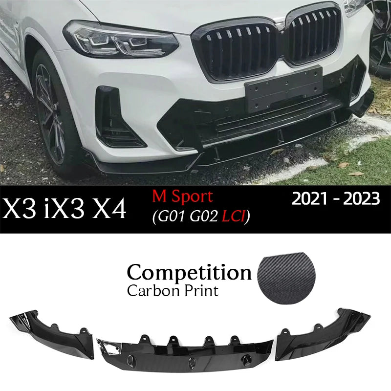 G08 LCI Gloss Black Carbon Printing Front Bumper Lip Spoiler for 2021 - 2023 BMW Facelifted X3 G01 iX3 X4 G02 sDrive 20i 20d 30e