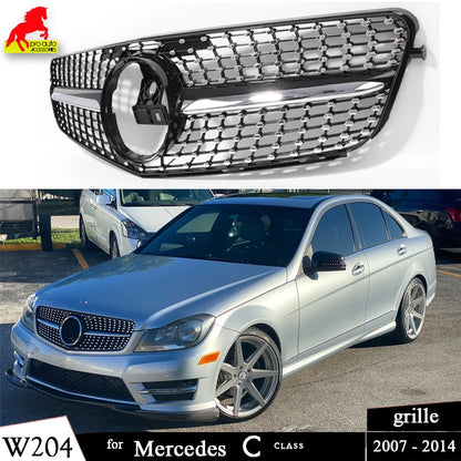 High Quality W204 GT Grille Front Bumper Grill Black Silver Panamericana for Mercedes Benz C-Class 2007-2014 Diamond with Star