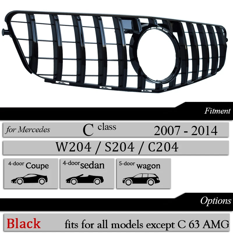 High Quality W204 GT Grille Front Bumper Grill Black Silver Panamericana for Mercedes Benz C-Class 2007-2014 Diamond with Star