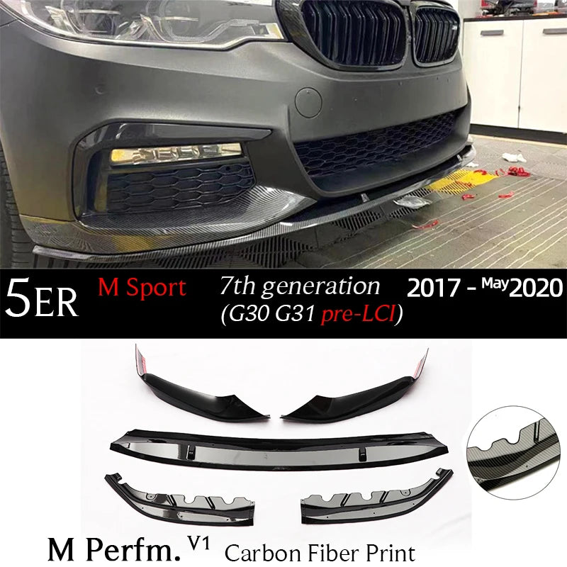 G30 Carbon Fiber Print Front Bumper Lip Gloss Black Chin Spoiler for BMW 5 Series G30 M Sport 2017 - May 2023 G31 520i 530i 530e