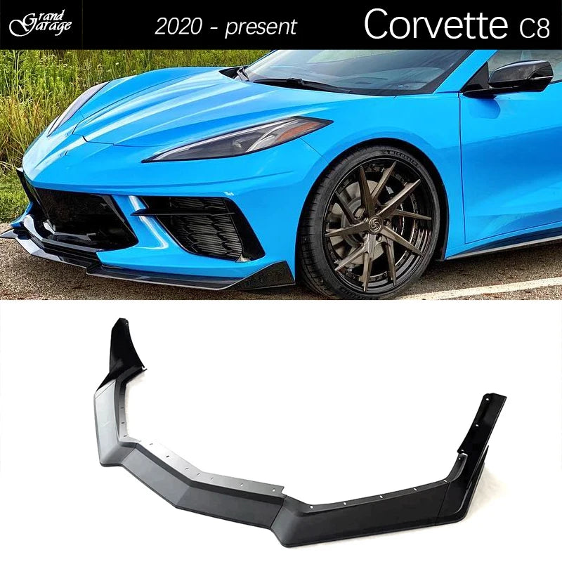 Carbon Fiber Printing Glazing Black Front Bumper Chin Spoiler Lower front Lip & Splitters for Chevrolet Corvette C8 2020 - ?