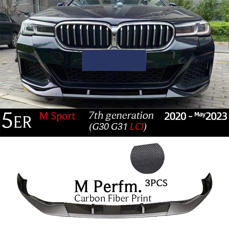 G30 Carbon Fiber Print Front Bumper Lip Gloss Black Chin Spoiler for BMW 5 Series G30 M Sport 2017 - May 2023 G31 520i 530i 530e