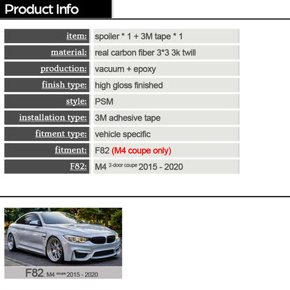 3*3 3K Twill Weave PSM High-kick Carbon Fiber Rear Trunk Deck Lid Spoiler Aerodynamic Boot Wing for BMW 2015 - 2020 M4 Coupe F82