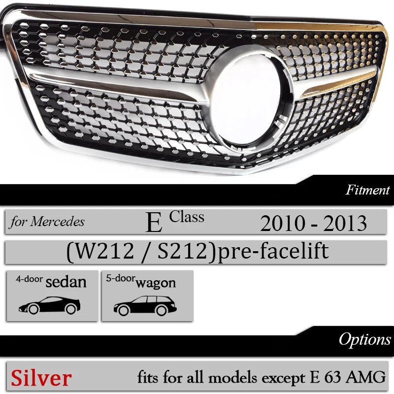 Diamond Grill Front Bumper Grille for Mercedes E Class Sedan W212 Tourer S212 2010 - 2013 E200 E300 E250 Not for E63 Car Grills