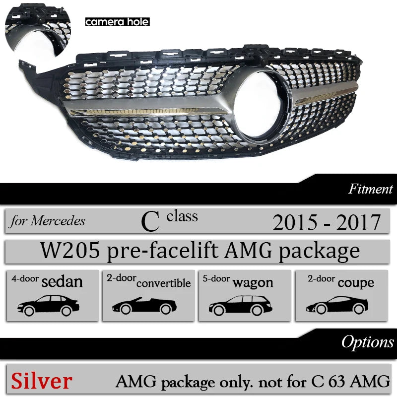 Front Bumper Grill Diamond for Mercedes C Class W205 S205 A205 C205 2015-2020 C200 C250 C300 C350 C400 C450 C43 AMG Black Silver