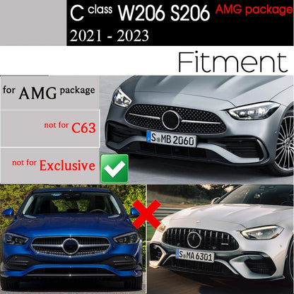 Carbon Fiber Print & Gloss Black Front Bumper Spoiler Splitter Lips 3PCS for Mercedes C Class W206 S206 AMG Package 2021 - 2023