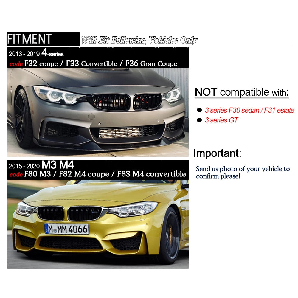 BMW F32 front bumper with gloss black carbon kidney grille installed