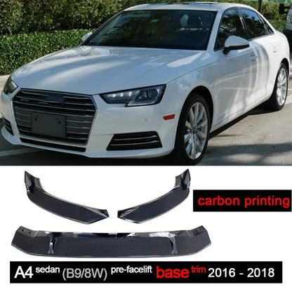 Carbon Fiber Printing Black Front Bumper Lip Spoiler 3PCS Set for Audi A4 B9 8W Pre-facelift 2016 - 2018 (Before Facelift)