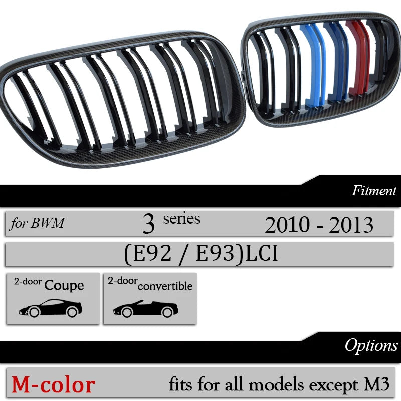 Front Kidney Bumper Grill Carbon Fiber Trimmed Grille for 2010 - 2013 BMW 3 Series 2-Door Coupe Facelift E92 LCI Convertible E93