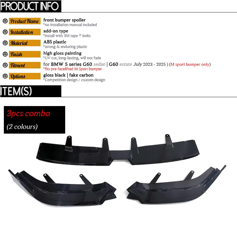 Carbon Fiber Printing Black Front Bumper Lip Spoiler for BMW 5 Series G60 G61 M Sport 2023 - 2025 520i 530i 530e 540i 550e M560e