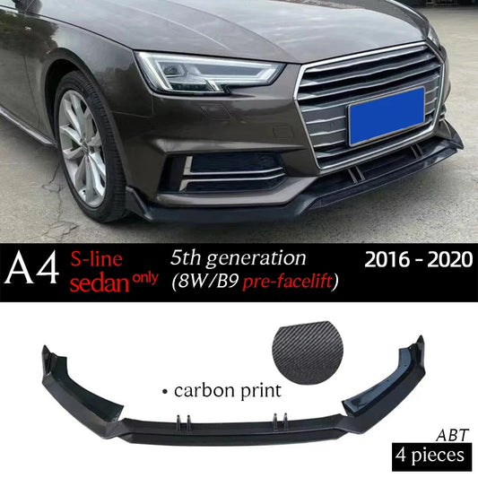 Carbon Fiber Print Gloss Black Front Bumper Lip Spoiler for Audi A4 B9 B9.5 8W 2016 - 2020 S-line Sedan (Not for 5-door/S4/RS4)