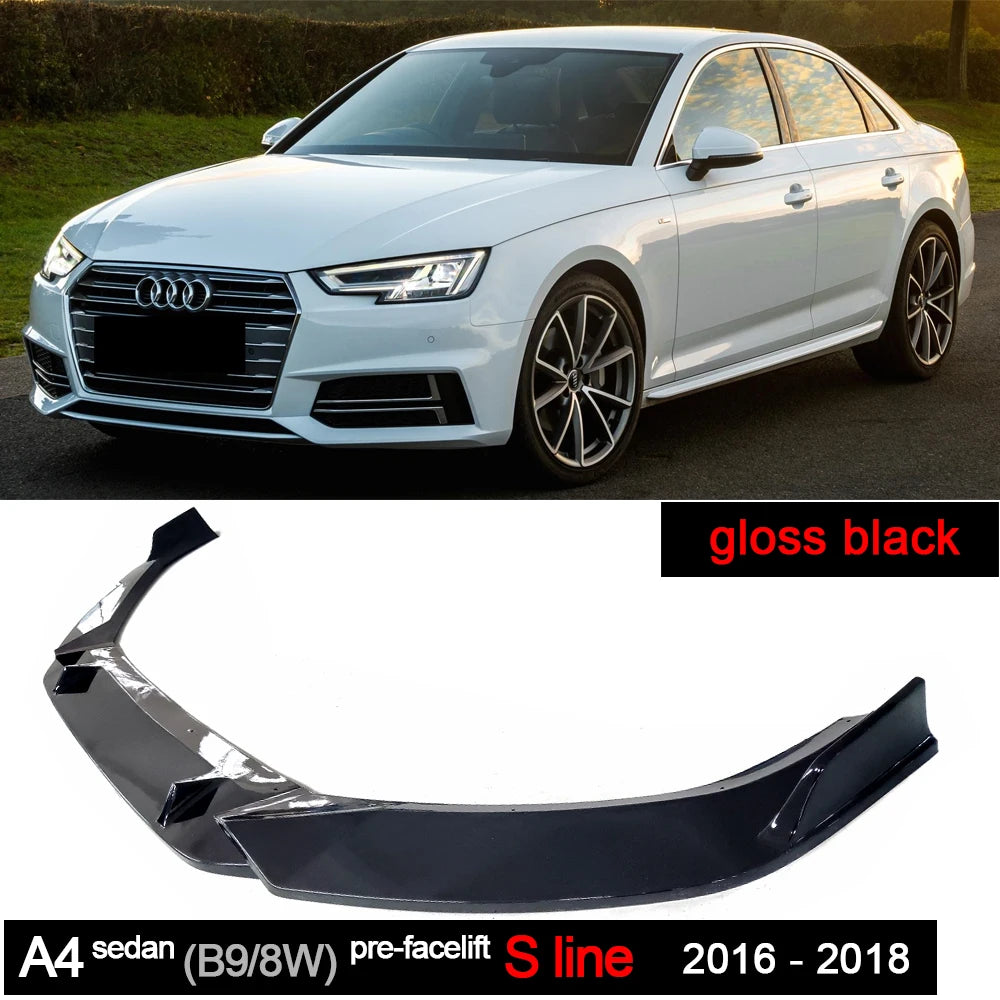 Carbon Fiber Printing Black Front Bumper Lip Spoiler 3PC for Audi A4 B9 8W2 Pre-facelifted S Line & Base Models 2016 - 2018