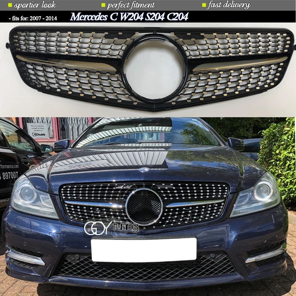 ABS Black Silver Replacement Front Bumper Radiator Diamonds Grille Fit For Mercedes C Class W204 2007 - 2014