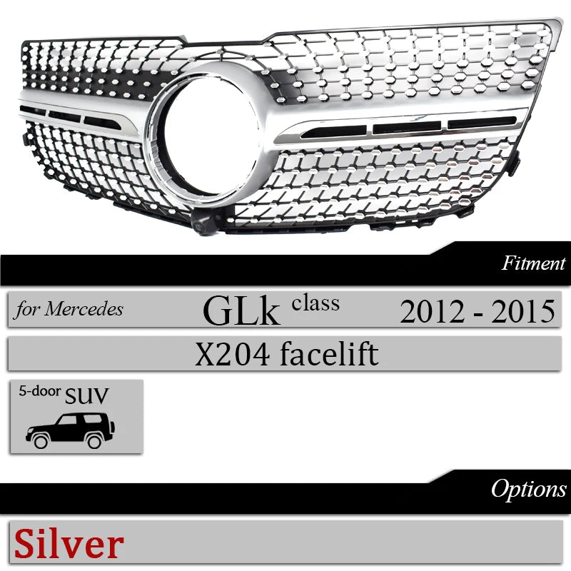 X204 GT Grilles Front Bumper Grill Mesh for Mercedes GLK Class 2012 - 2015 Diamond Black Silver Car Replacement Hood Mesh Grid