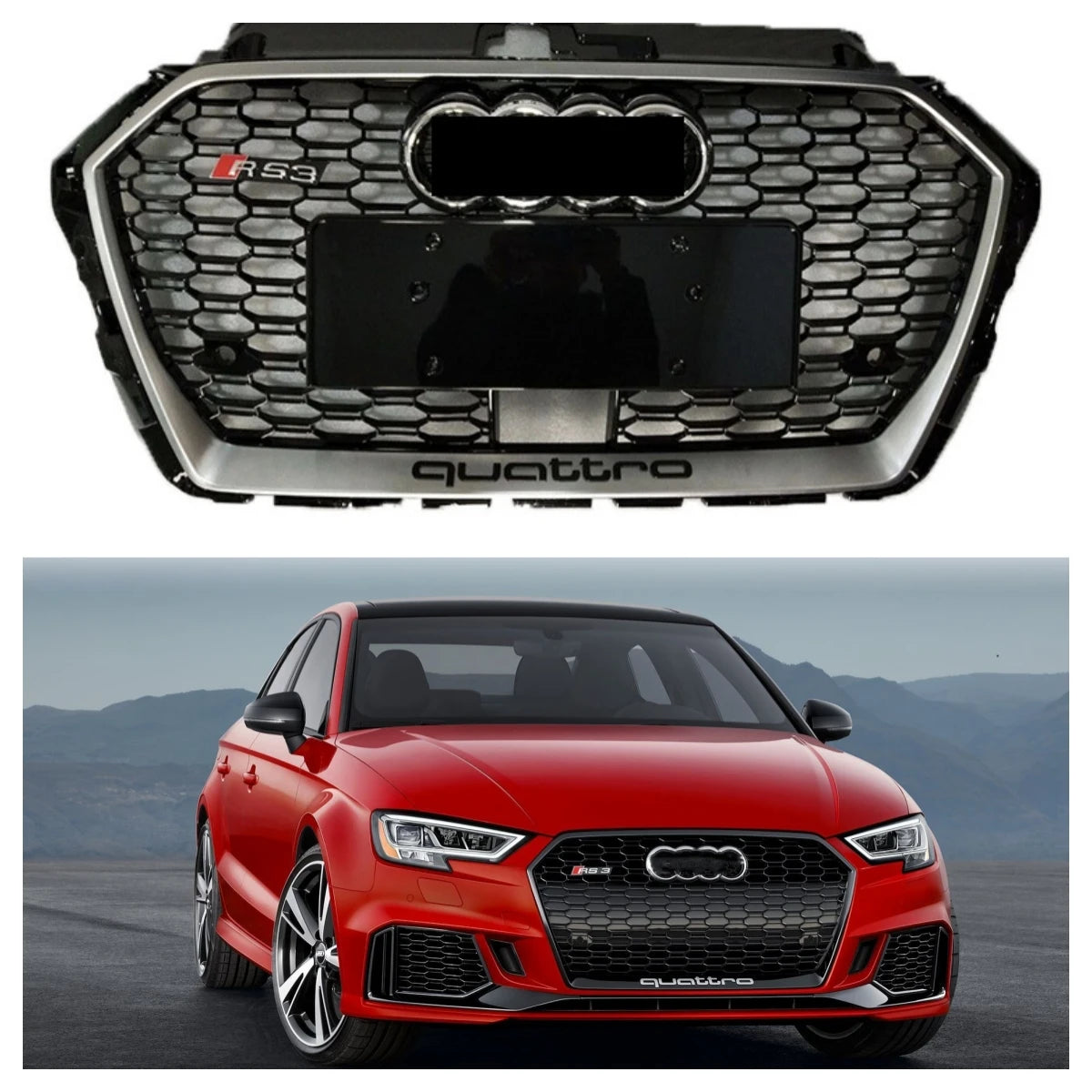 ABS Black Silver Grill Front Bumper Honeycomb Grille for Audi RS3 2017-2020 Grilles A3 Modified To RS3 with ACC Car Accessories