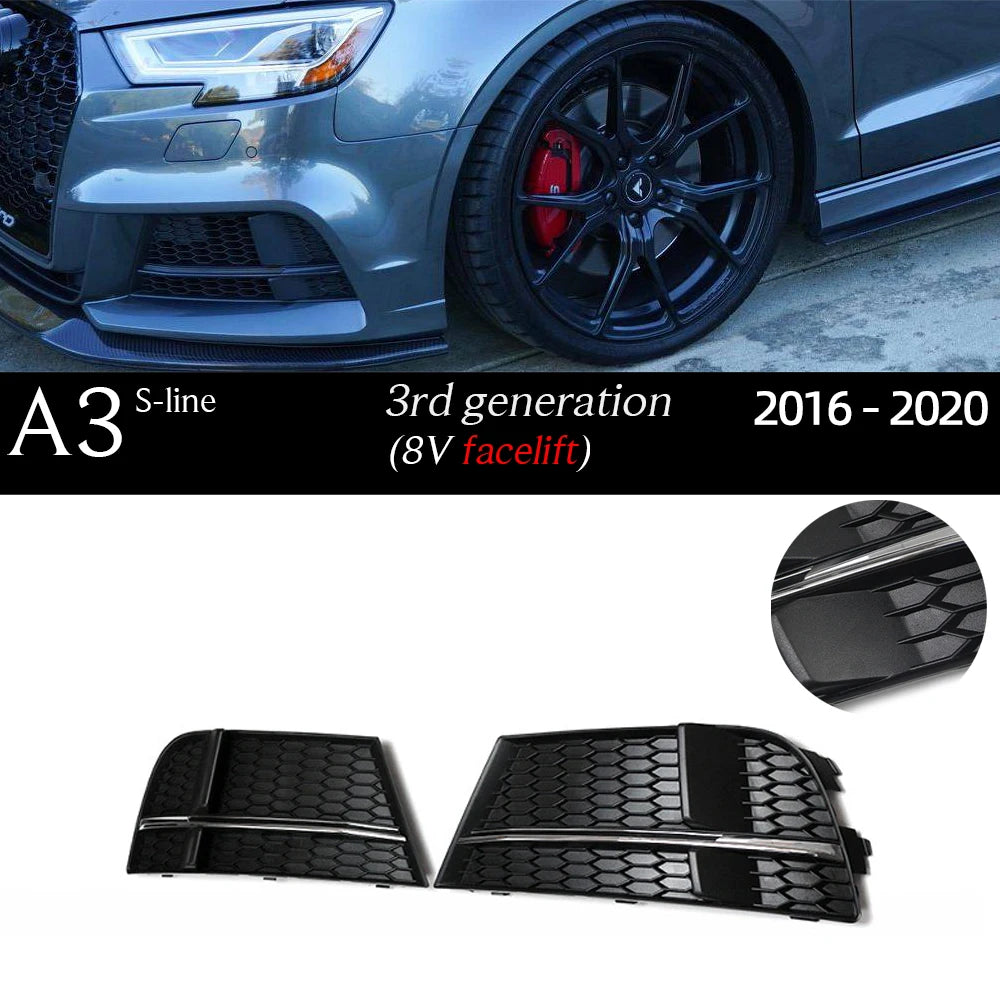 1Pair S3-look Honey-comb Style Front Bumper ABS Black Fog Light Frame Case for Audi A3 8V 2013 - 2020 April Fog Light Grille