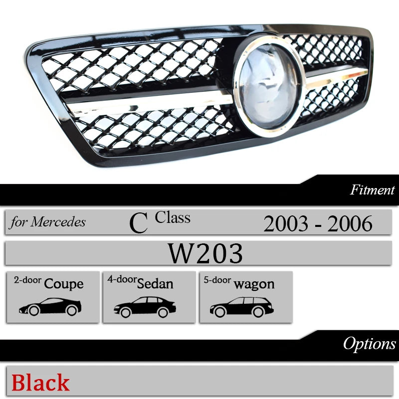 Car Grille Black GT Front Bumper Grill for 2000-2006 Mercedes C Class Saloon W203 Tourer S203 C180 C200 C230 C240 C280 C320 C350