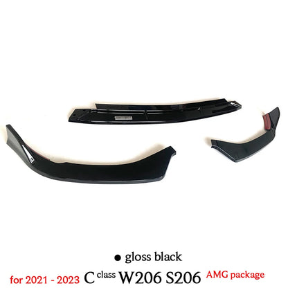 Carbon Fiber Print & Gloss Black Front Bumper Spoiler Splitter Lips 3PCS for Mercedes C Class W206 S206 AMG Package 2021 - 2023