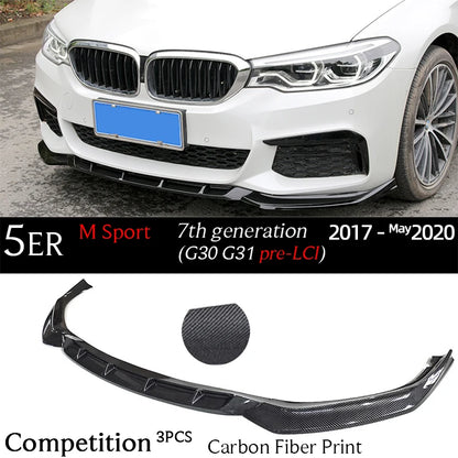 G30 Carbon Fiber Print Front Bumper Lip Gloss Black Chin Spoiler for BMW 5 Series G30 M Sport 2017 - May 2023 G31 520i 530i 530e