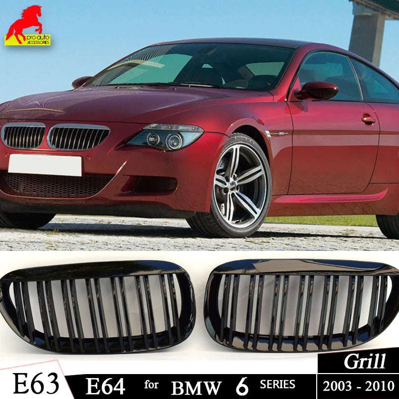 2Pcs Gloss Black Front Kidney Double Slat Grill Grille for BMW 2003-2010 6 Series E64 Cabrio E63 Coupe 630Ci 630i 645Ci 650i M6