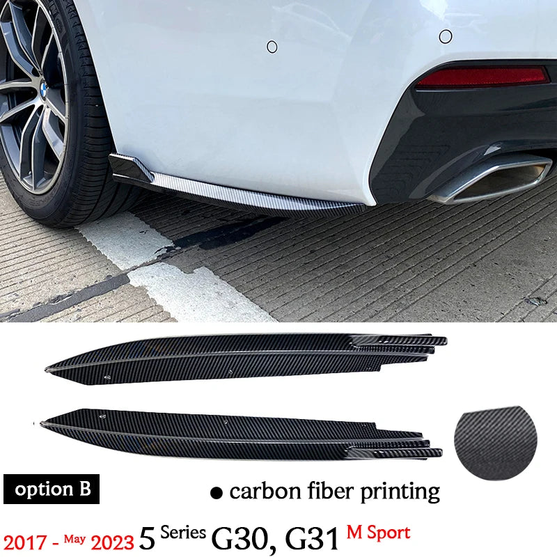 1Pair Carbon Fiber Printing Rear Bumper Splitter Canards Glazing Black Bumper Flaps for BMW 5 Series G30 M Sport 2017 - May 2023