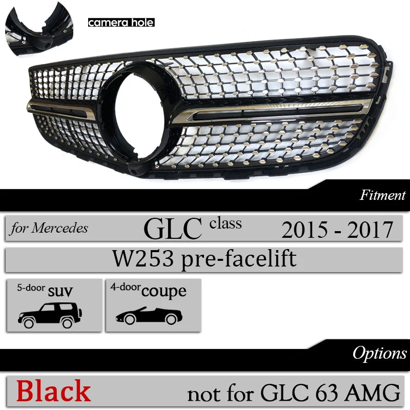 Suitable For Mercedes Benz GLC Class W253 X253 2015-2017 GT Grill Diamond Car Front Racing Center Grilles Upper Bumper Grille