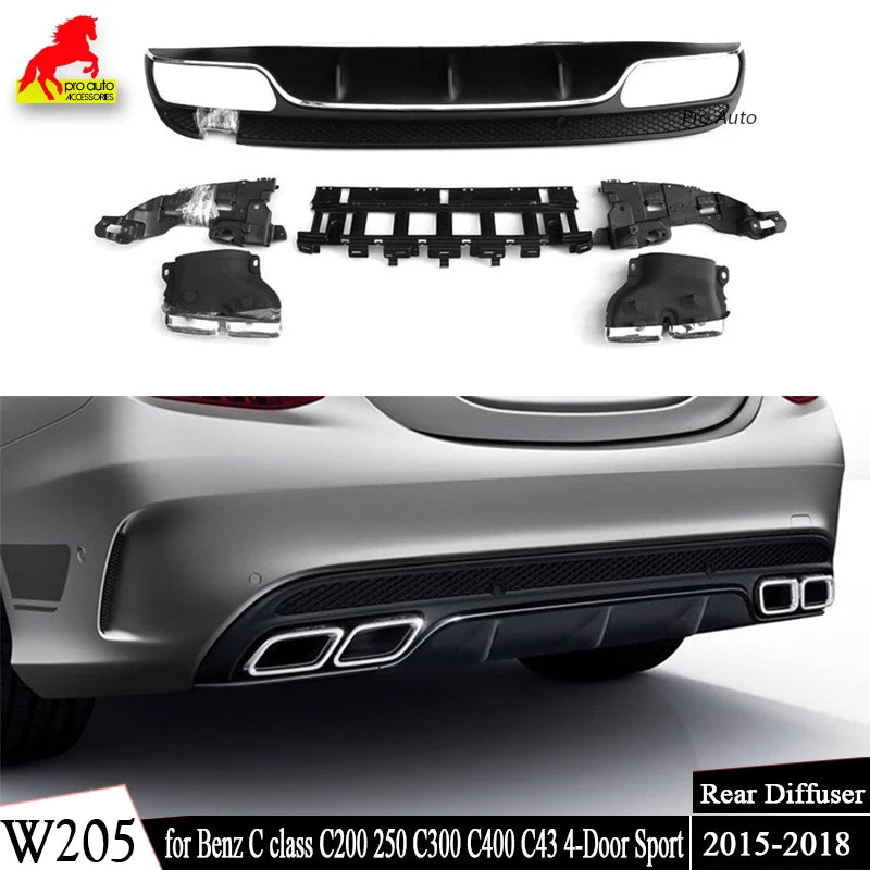 W205 Rear Bumper Diffuser Lip Exhaust for Mercedes Benz C-Class 4-Door Sport C200 C250 C300 C350 C400 C43 Pre-Facelift 2015-2018