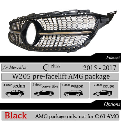 Front Bumper Grill Diamond for Mercedes C Class W205 S205 A205 C205 2015-2020 C200 C250 C300 C350 C400 C450 C43 AMG Black Silver