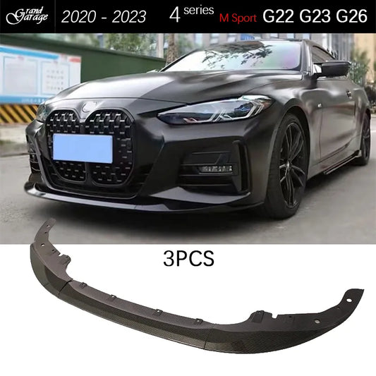 3PCS Gloss Black & Carbon Printing Front Bumper Lip Chin Spoiler for BMW New 4 Series G22 G23 G26 2020 - 2023 M Sport 430i 435i