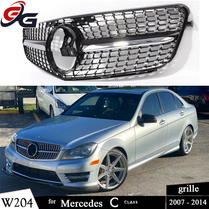 High Quality W204 GT Grille Front Bumper Grill Black Silver Panamericana for Mercedes Benz C-Class 2007-2014 Diamond with Star