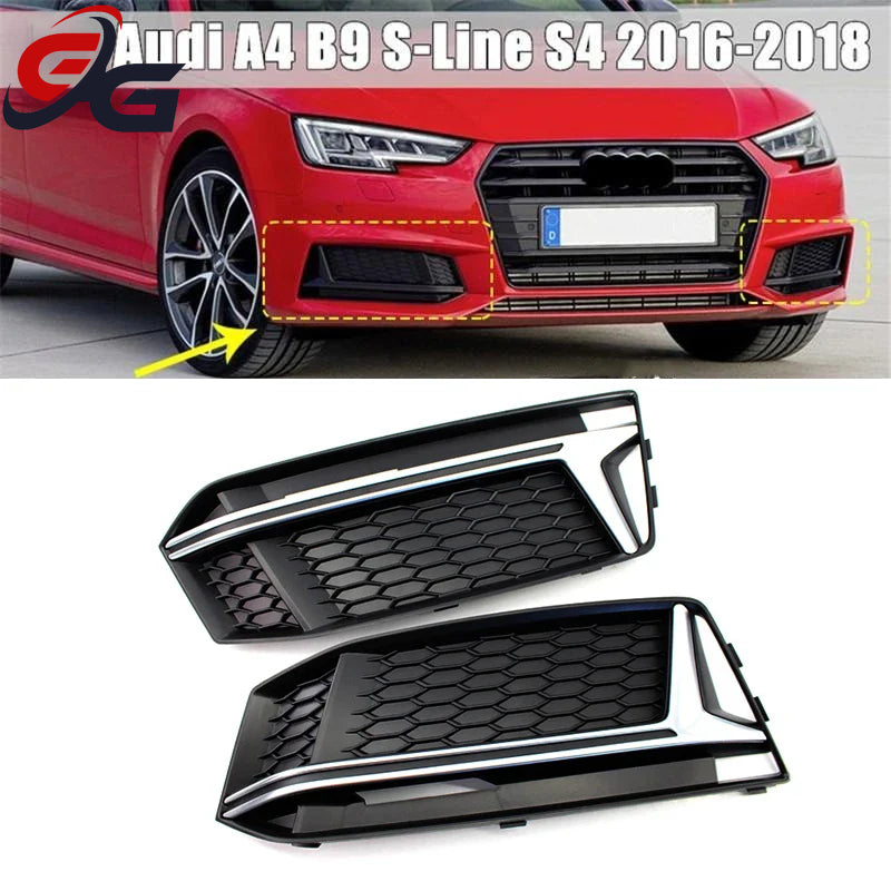 Fog Light Frame Cover Front Bumper Lamp Grille For Audi A4L B9 S4 Sport Style 2016-2018 Black Silver ABS Front Grill Car Styling