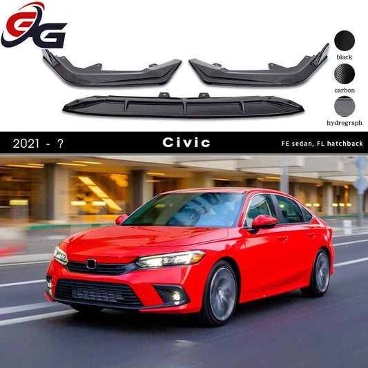 JDM Style Gloss Black & Fake Carbon PP Plastic Front Bumper Lip & Rear Bumper Diffuser for Honda Civic 11th FE Sedan 2021 - ?