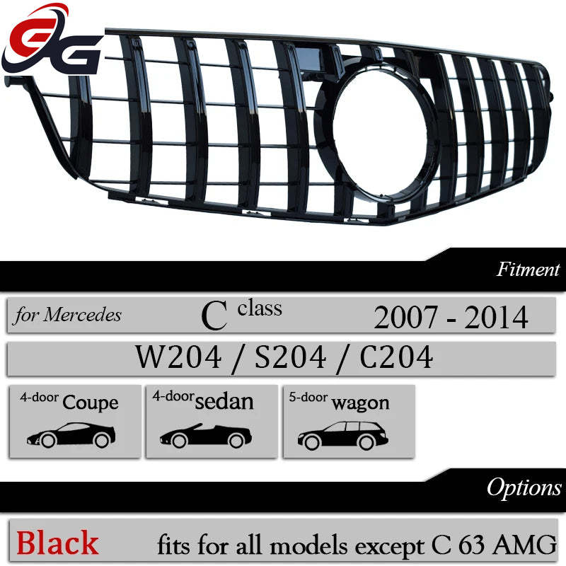 High Quality W204 GT Grille Front Bumper Grill Black Silver Panamericana for Mercedes Benz C-Class 2007-2014 Diamond with Star