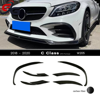 3*3 3K Carbon Fiber Front Bumper Lip Decorational Flap Canards for 2018 - 2020 C Class 4Matic AMG Package C43 C450 C300 C350