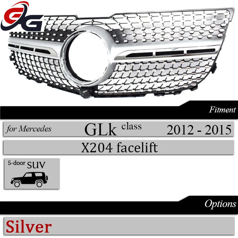 X204 GT Grilles Front Bumper Grill Mesh for Mercedes GLK Class 2012 - 2015 Diamond Black Silver Car Replacement Hood Mesh Grid