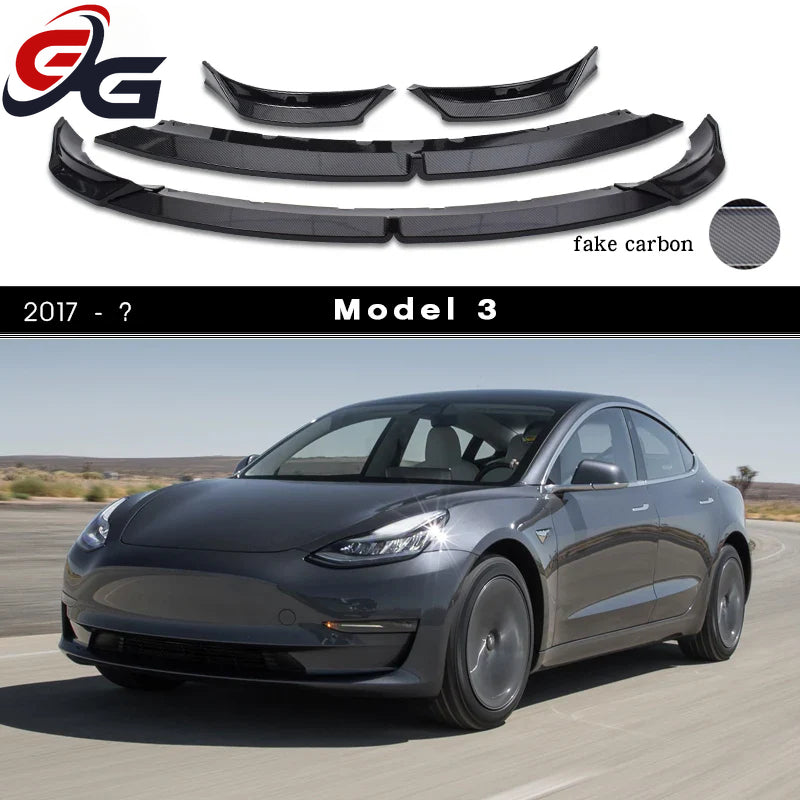 Carbon Fiber Printing PP Plastic Front Bumper Lip Spoiler for 2017+ Tesla Model 3 5YJ3