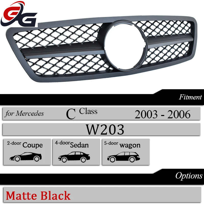 Car Grille Black GT Front Bumper Grill for 2000-2006 Mercedes C Class Saloon W203 Tourer S203 C180 C200 C230 C240 C280 C320 C350